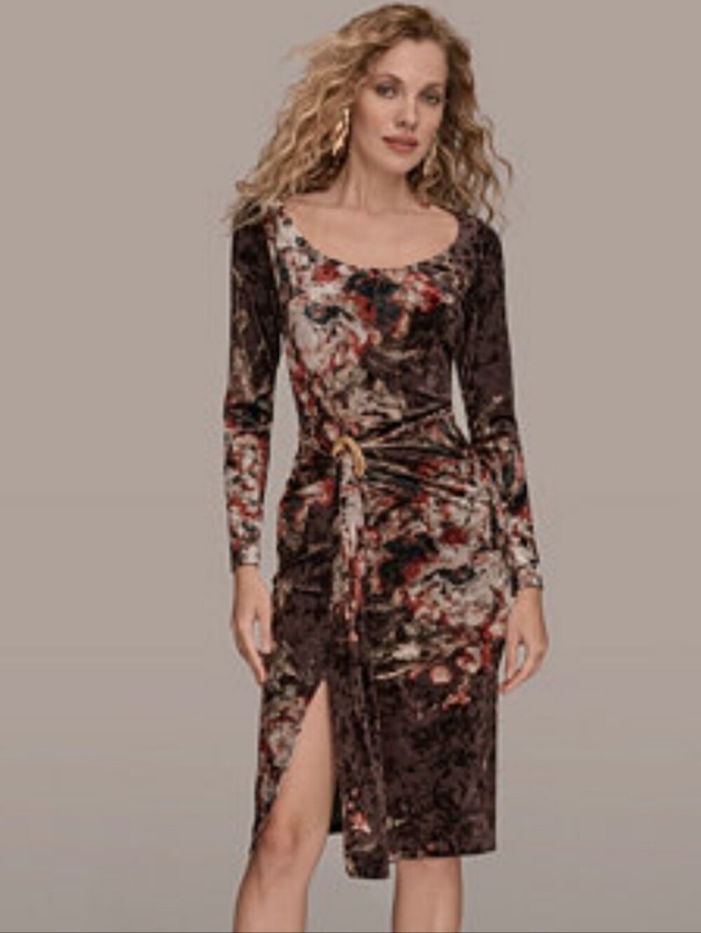 Donna Karan Brown Multi Floral Velvet Long-Sleeve Wrap Dress
